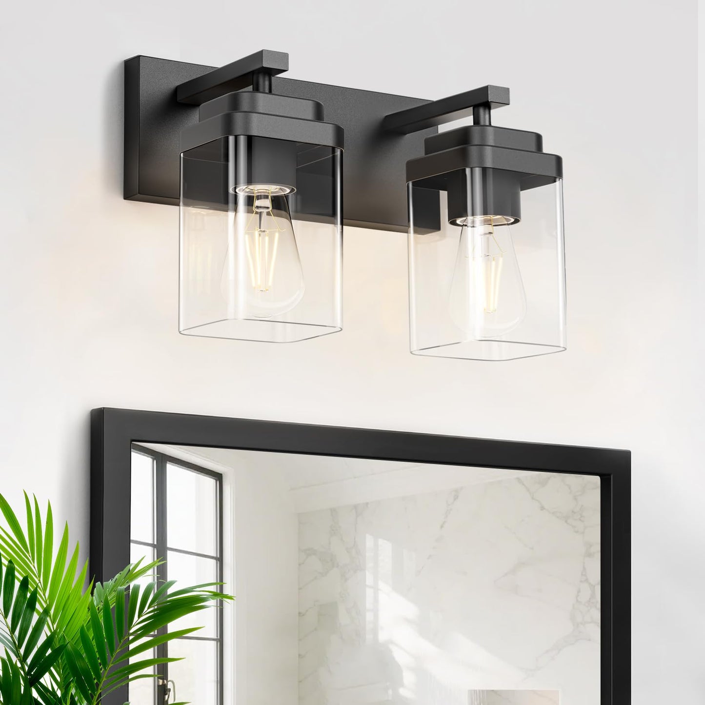 Black Bathroom Light Fixtures, 3 Lights Bathroom Lighting Fixtures Over Mirror, Square Design & Rectangle Large Backplate, Modern Vanity Lighting Fixtures, for Bathroom/Living Room/Bedroom