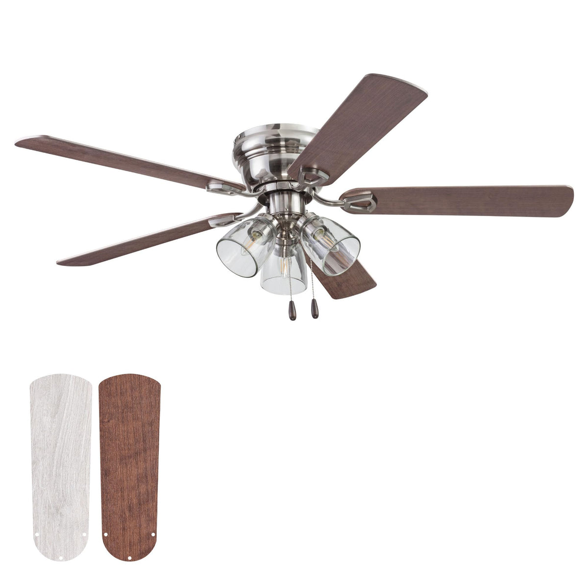 Portage Bay Ceiling Fans 52" Renton Bronze Indoor Fan with Clear 3 Light LED Multi Arm; E26/B11 Bulb and Pull-Chains, Traditional Style, 5 Reversible Barnwood/Dark Chestnut Blades, 51439
