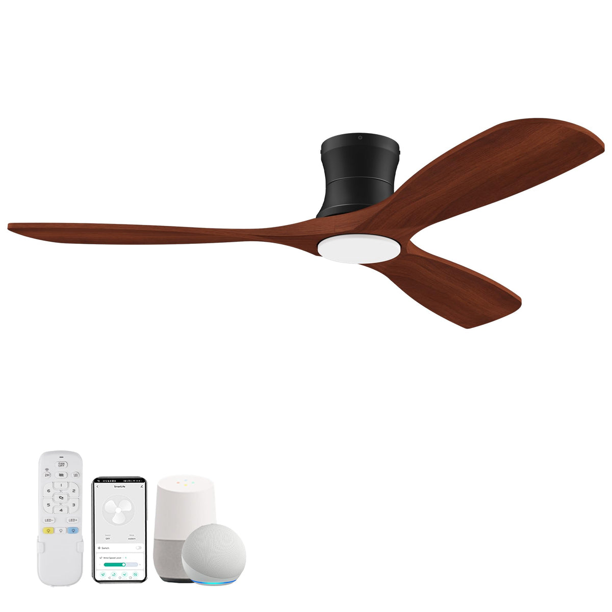 Livory 52” Wood Smart Flush Mount Ceiling Fans with Lights and Remote,Quiet DC Motor,Outdoor Indoor Ultra Low Profile Ceiling Fan works with Alexa WIFI APP,Modern White Ceiling Fan for Bedroom Patio