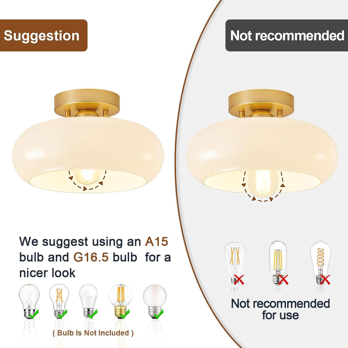 WOKNOS Mid-Century Modern Gold Semi Flush Ceiling Light 11.0 Inch | Small White Glass Shade Close to Ceiling Lighting Fixture For Kitchen Entryway Hallway Bathroom Closet Bedroom Laundry Room