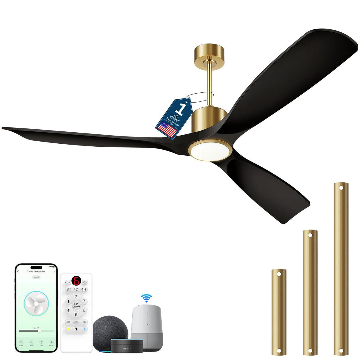 Ceiling Fans with Lights, Ceiling Fans with Lights and Remote Control, 52 inch Ceiling Fan with Light, Outdoor Ceiling Fans for Patios 3 Blade Bedroom Living Room-Matte Black and Gold