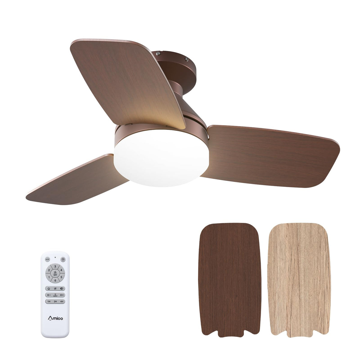 Amico 42 Inch White Low Profile Ceiling Fans with Lights and Remote | Flush mount, 3-color dimmable light, quiet reversible DC motor, easy install, memory, timer, bedroom, covered outdoor areas