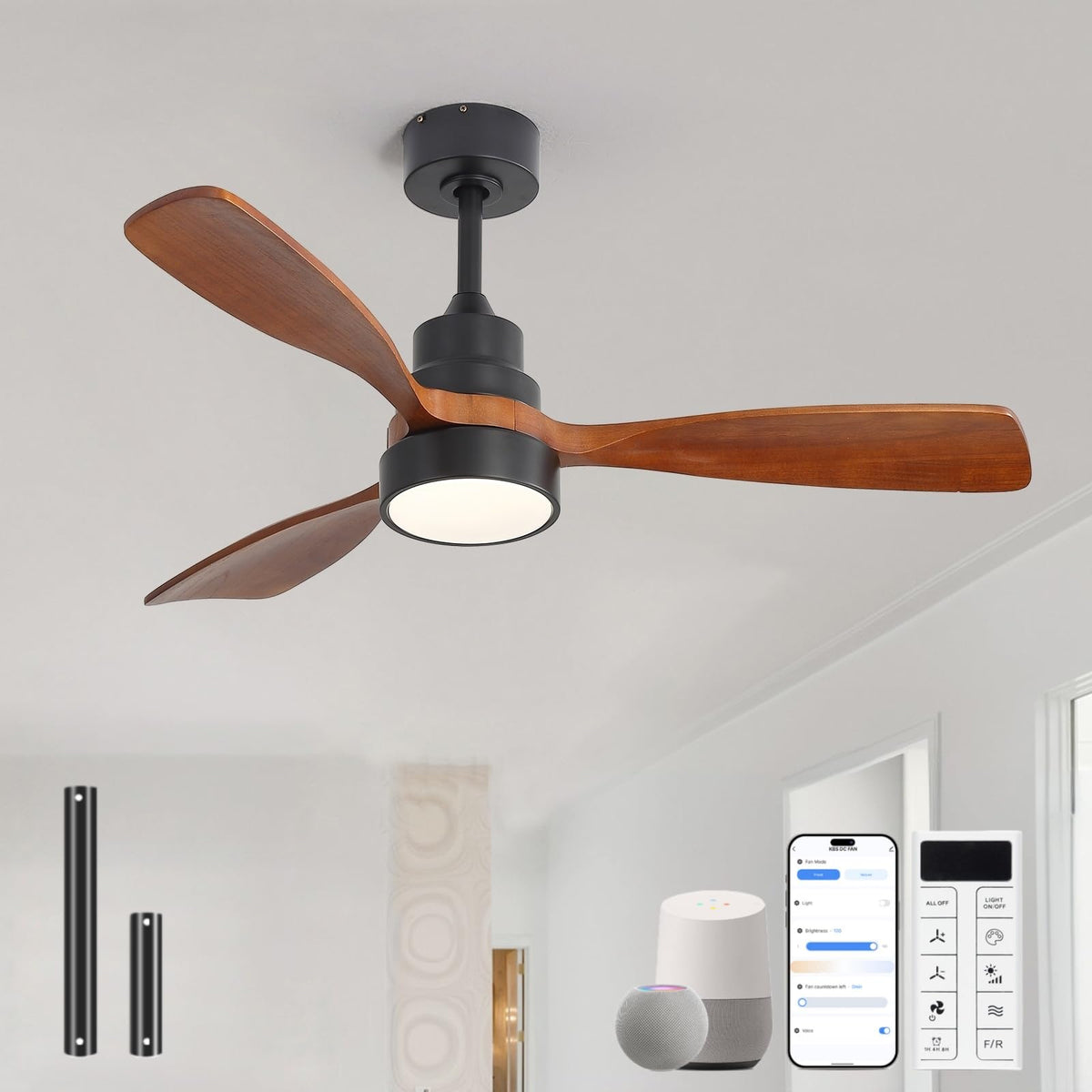Sofucor 52 Inch Wood Ceiling Fans with Lights and Remote, Indoor/Outdoor | Modern, 3 Blade, Quiet Reversible DC Motor, 3CCT Dimmable, 6 Speeds, Timer, Bedroom/Living Room/Patio/Kitchen, Natural Wood