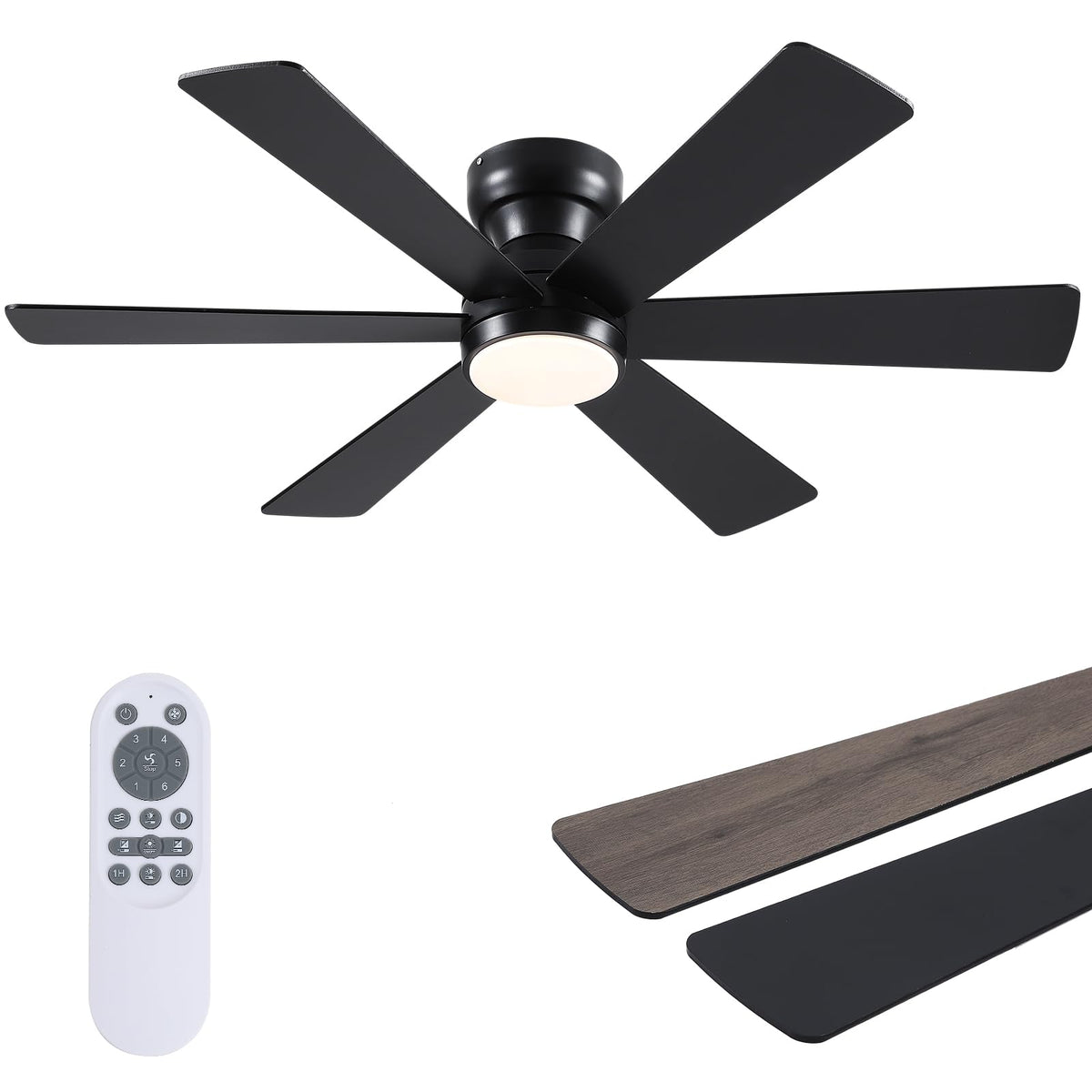 Asyko 46"Black 6-Blade Modern Low Profile Ceiling Fan with Light and Remote | 6 Double-Sided Blades,6 Wind Speeds, Reversible,Dimmable 3 CCT LED Light, 25W Quiet DC Motor,1/2H Timer,for Bedroom Kitchen