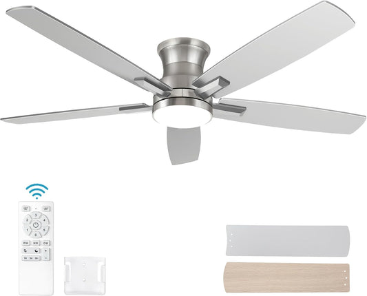 52 Inch Flush Mount Brushed Nickel Ceiling Fan with Light and Remote Control.Noiseless,Dimmable,3CCT,6 Speeds Reversible, Low Profile DC Ceiling Fans for Indoor or Covered Outdoor Use,ETL Listed