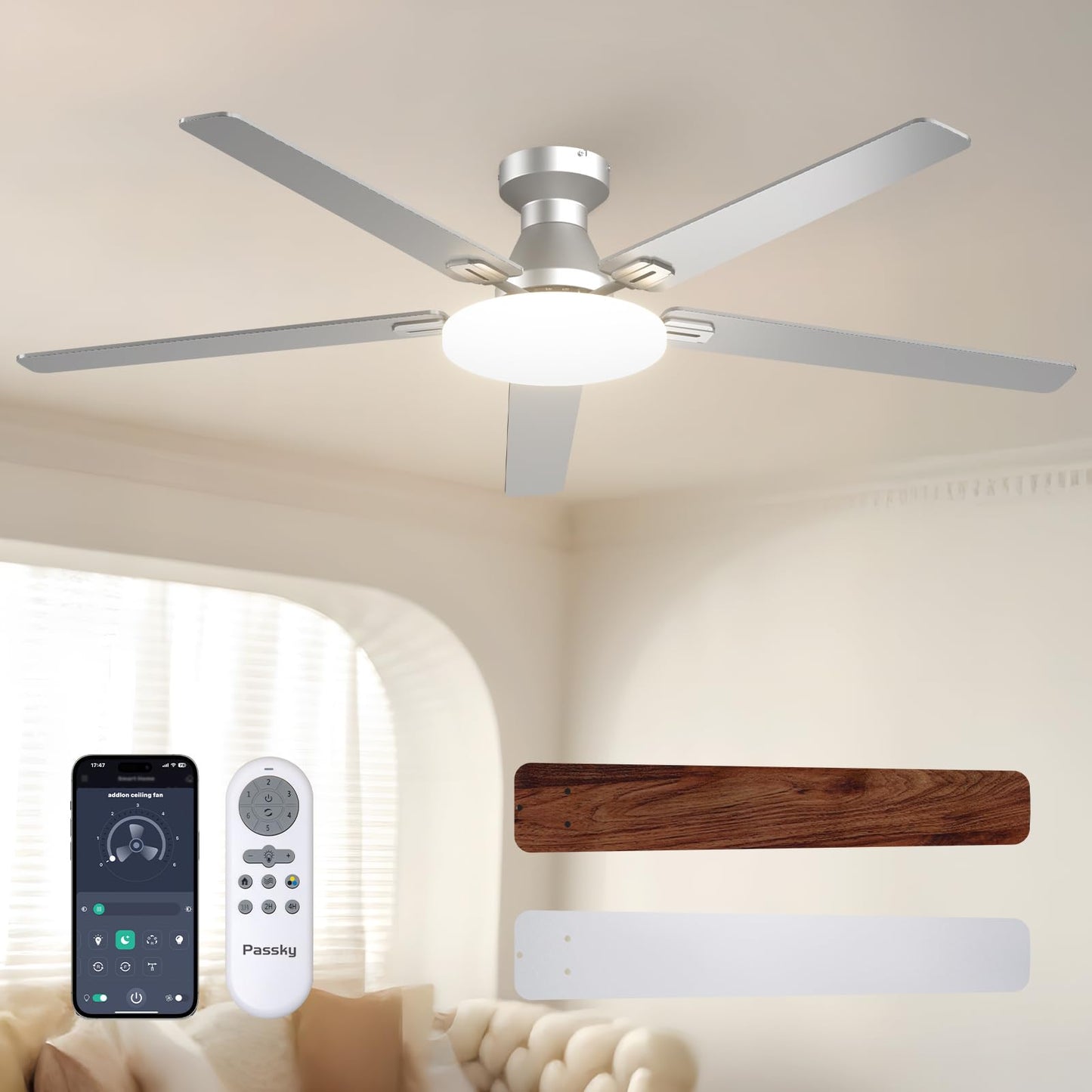 Passky 52 Inch Black Low Profile Ceiling Fans with Lights and Remote | Flush mount, 3-color dimmable light, quiet reversible DC motor, easy install, memory, APP, bedroom, covered outdoor areas