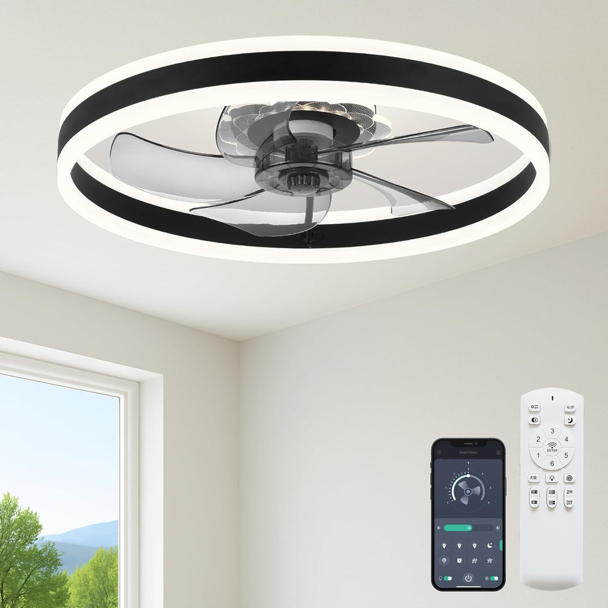 FSZDORJ 20'' Ceiling Fan with Light and Remote, Low Profile Ceiling Fan with Light, Dimmable Flush Mount Ceiling Fan Light, 6 Speeds Fan, App&Remote Control, Fandelier Quiet Fan for Bedroom F115 Black