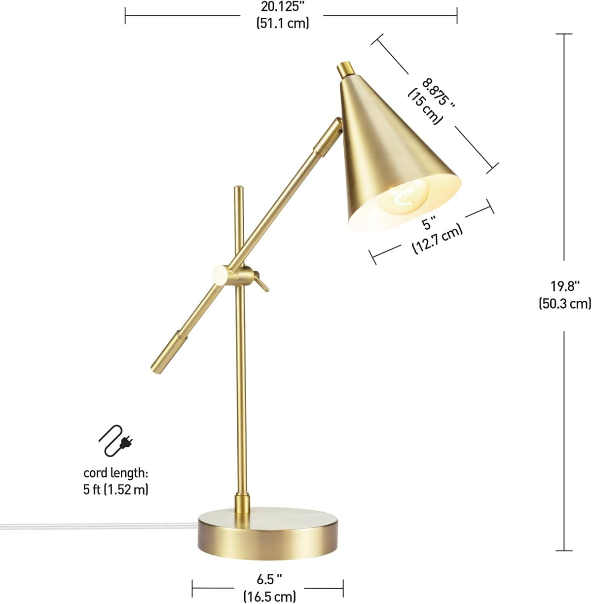 Globe Electric x Novogratz 52887 18" Desk Lamp, Matte Brass Finish, Adjustable Height, Balance Arm, Rotary Switch on Shade, Modern Lighting for Bedroom or Office, E26 Base 50W Bulb
