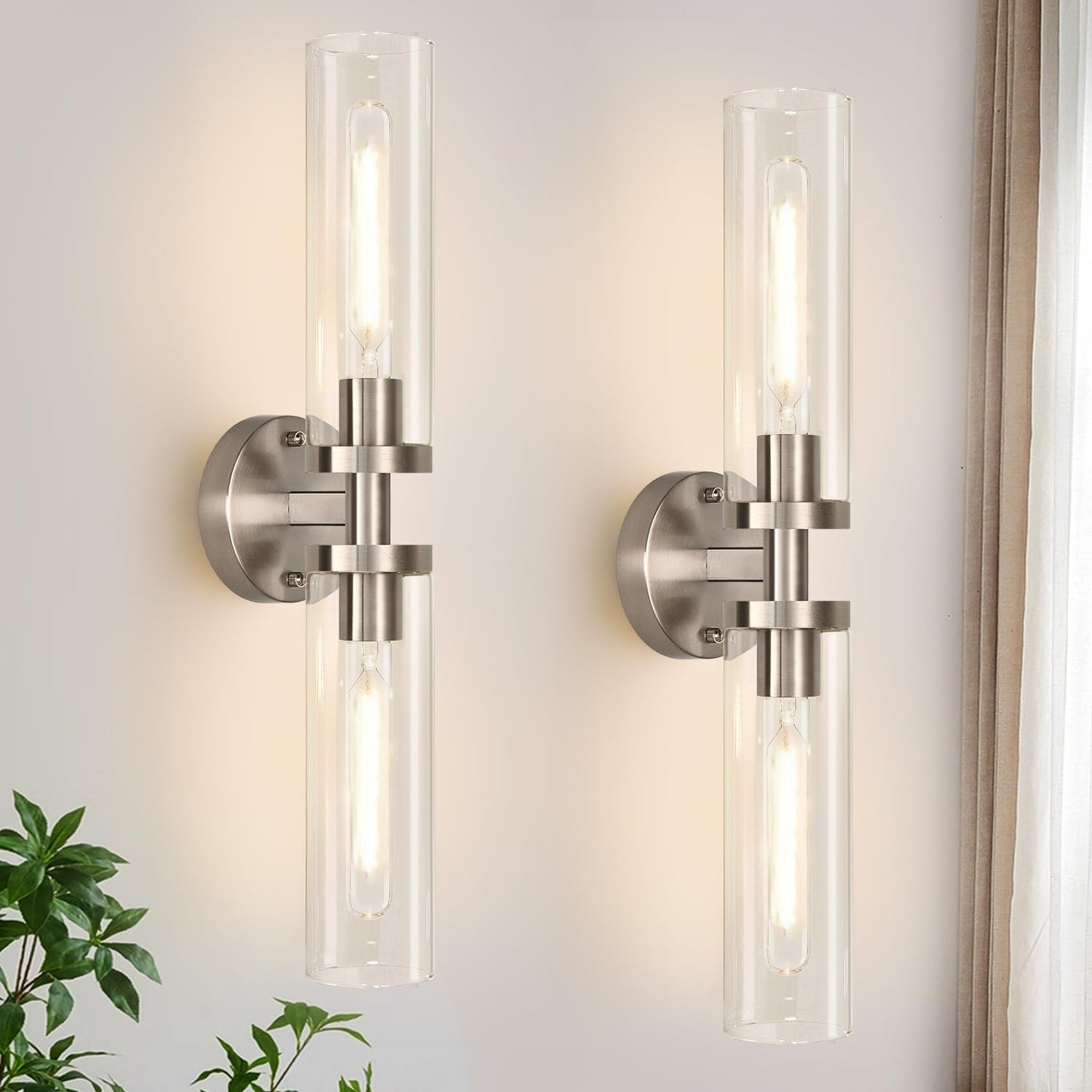 Indoi Hardwired Wall Sconces Set of Two, 22" Black and Gold Bathroom Sconces with Clear Glass, Modern Sconces Wall Decor Set of 2 Wall Light fixtures for Bathroom Mirror Living Room Hallway Bedroom