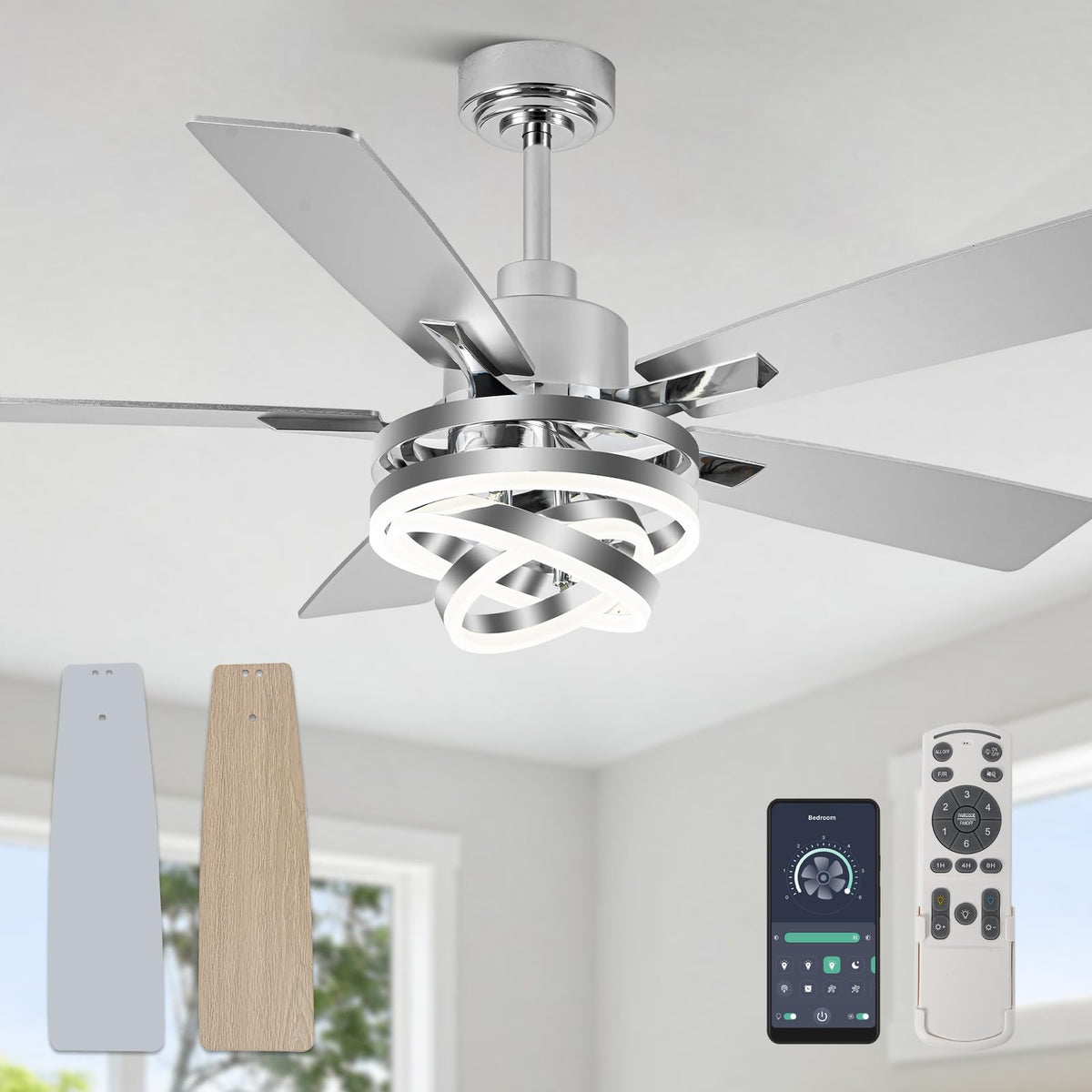 52" Black and Gold Modern Chandelier Fandelier Ceiling Fan with Light | DC motor, reversible, dimmable, 3 adjustable rings for DIY shape; for bedroom, living room.