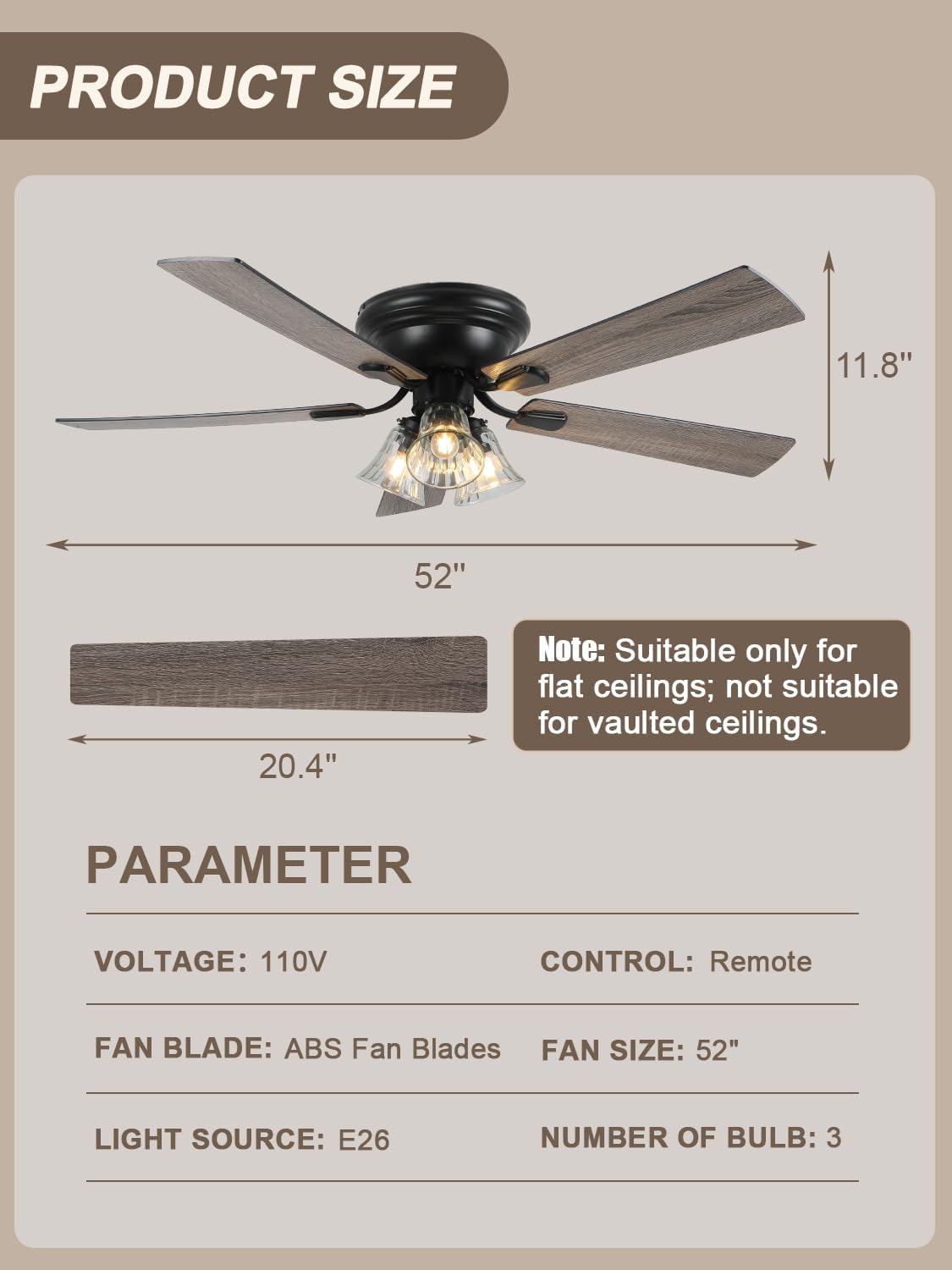 52 Inch Flush Mount Farmhouse Ceiling Fans with Lights and Remote Control | 5 Reversible Blades Vintage Low Profile Ceiling Fan with 3-Light 6 Speeds for Living Room Bedroom Kitchen Dining Room