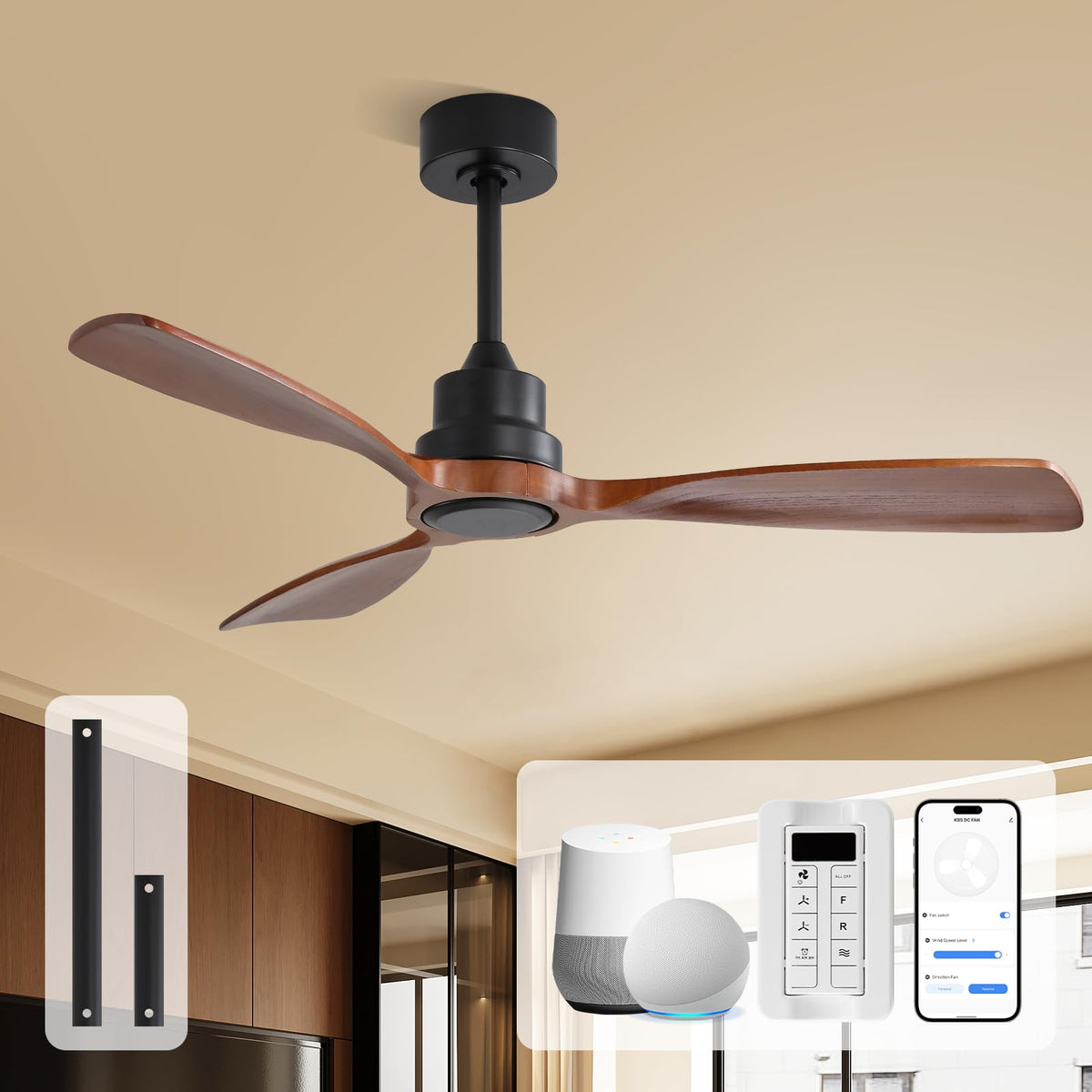 Sofucor 52 Inch Wood Ceiling Fans with Lights and Remote, Indoor/Outdoor | Modern, 3 Blade, Quiet Reversible DC Motor, 3CCT Dimmable, 6 Speeds, Timer, Bedroom/Living Room/Patio/Kitchen, Natural Wood