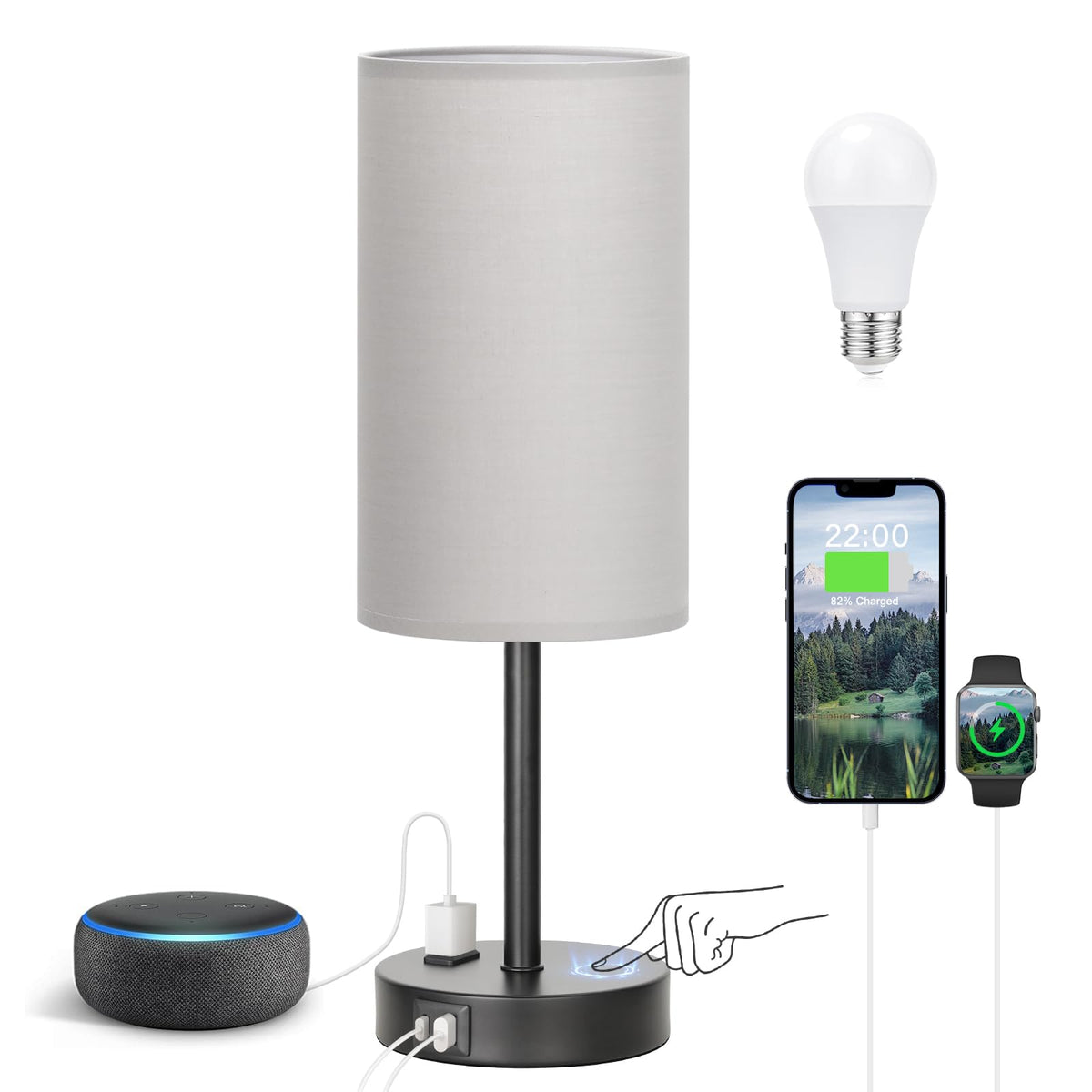 Bedside Table Lamp for Bedroom - Dimmable Touch, USB A+C, AC Outlet | 3-Way Dimmable, LED Bulb Included, Fabric Lampshade, Wood-Grain Metal Base, 14" Small Nightstand Lamp for Desk, Living Room