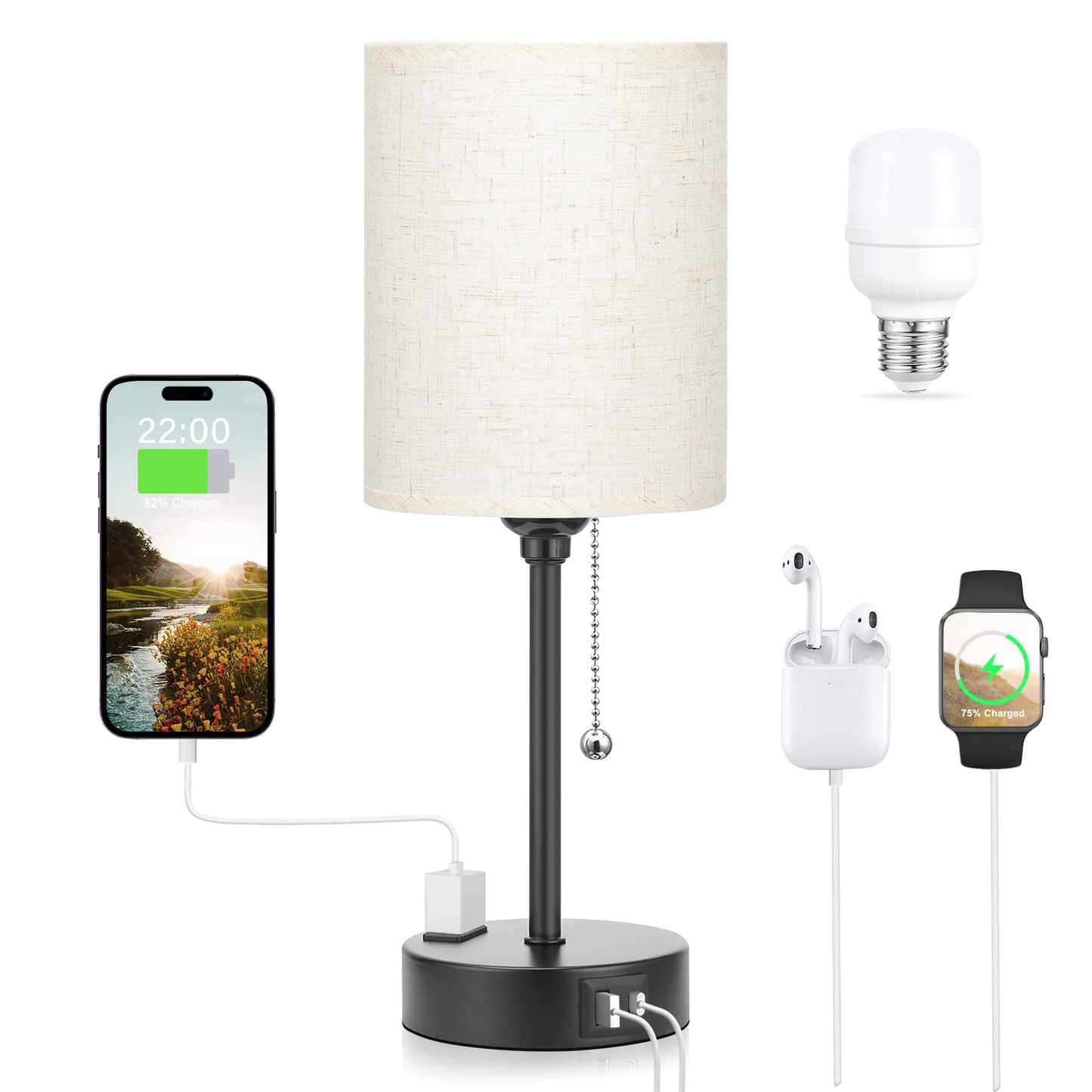 Dicoool Bedside Table Lamp for Bedroom - Small Desk Lamp with USB Ports | USB A+C Ports, AC Outlet, 3 Color Temperatures, LED Bulb Included, White Fabric Shade, Black Metal Base, 14" Nightstand lamp