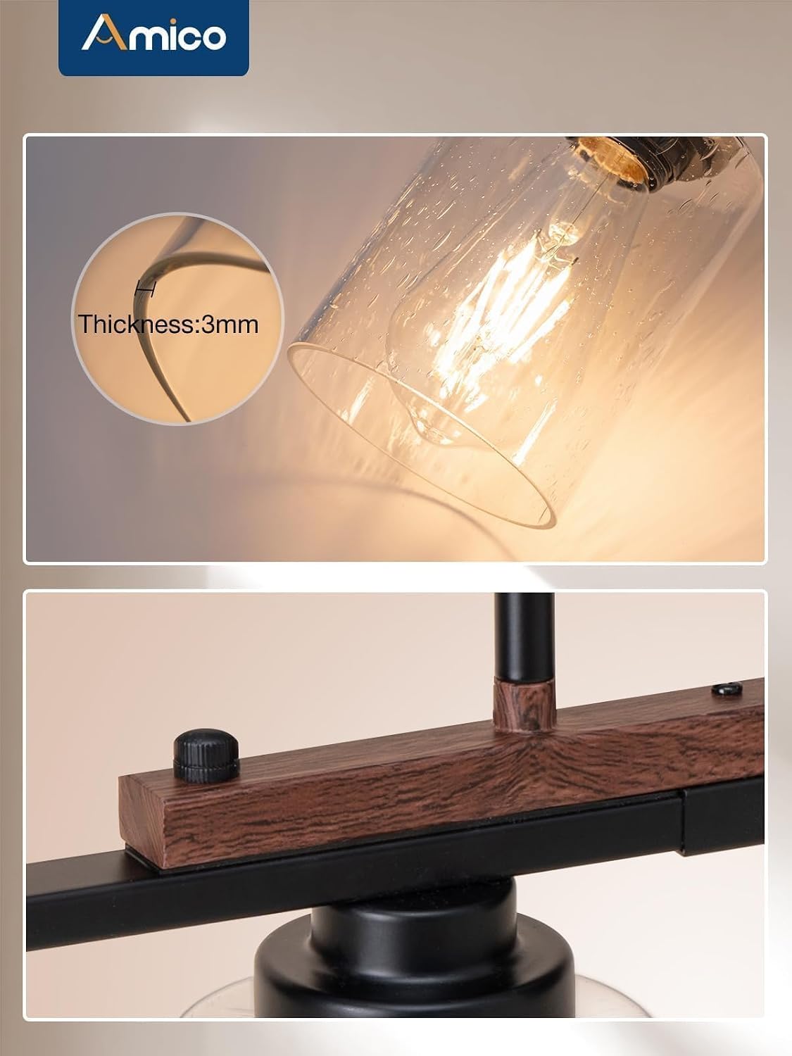 Amico 5-Light Dining Room Light Fixture, Seeded Glass Island Chandelier | Farmhouse Adjustable Rods Black Metal & Wood, Kitchen Island Pendant Light, Dining Room, Bubble Glass Shade