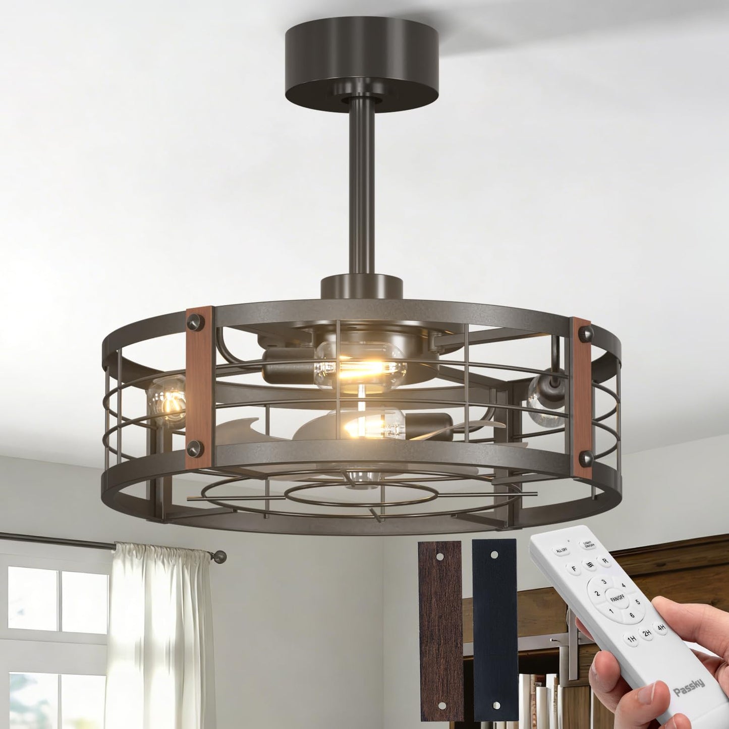 Passky 20" Caged Ceiling Fans with Lights and Remote, Low Profile Fandelier | Reversible DC Motor, 1/2/4H Timer, 6 Speeds, Farmhouse Style, Quiet Operation, for Bedroom, Kitchen, Dining Room, Living Room