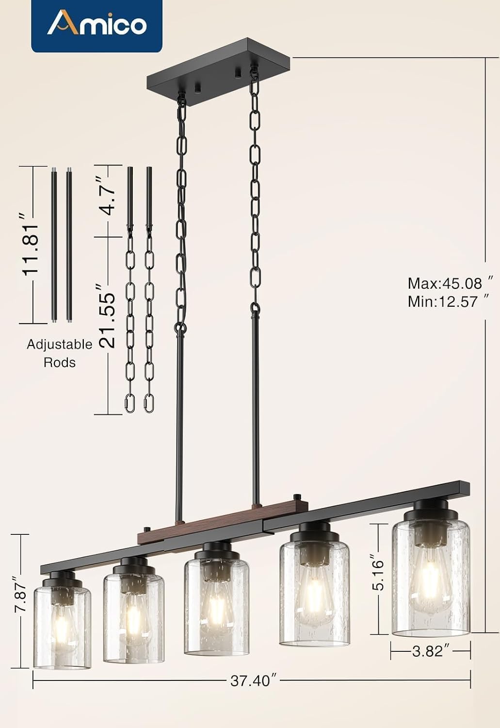 Amico 5-Light Dining Room Light Fixture, Seeded Glass Island Chandelier | Farmhouse Adjustable Rods Black Metal & Wood, Kitchen Island Pendant Light, Dining Room, Bubble Glass Shade