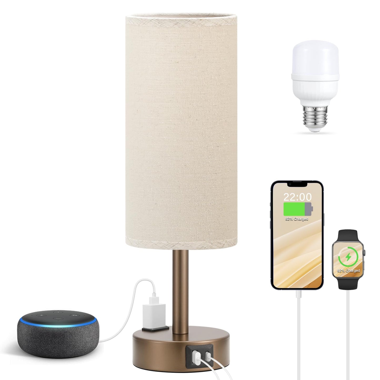 Bedside Table Lamp for Bedroom - Dimmable Touch, USB A+C, AC Outlet | 3-Way Dimmable, LED Bulb Included, Fabric Lampshade, Wood-Grain Metal Base, 14" Small Nightstand Lamp for Desk, Living Room