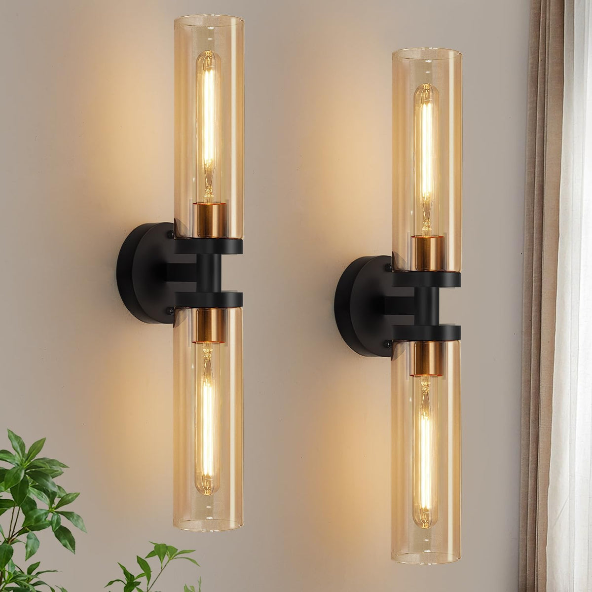 Indoi Hardwired Wall Sconces Set of Two, 22" Black and Gold Bathroom Sconces with Clear Glass, Modern Sconces Wall Decor Set of 2 Wall Light fixtures for Bathroom Mirror Living Room Hallway Bedroom