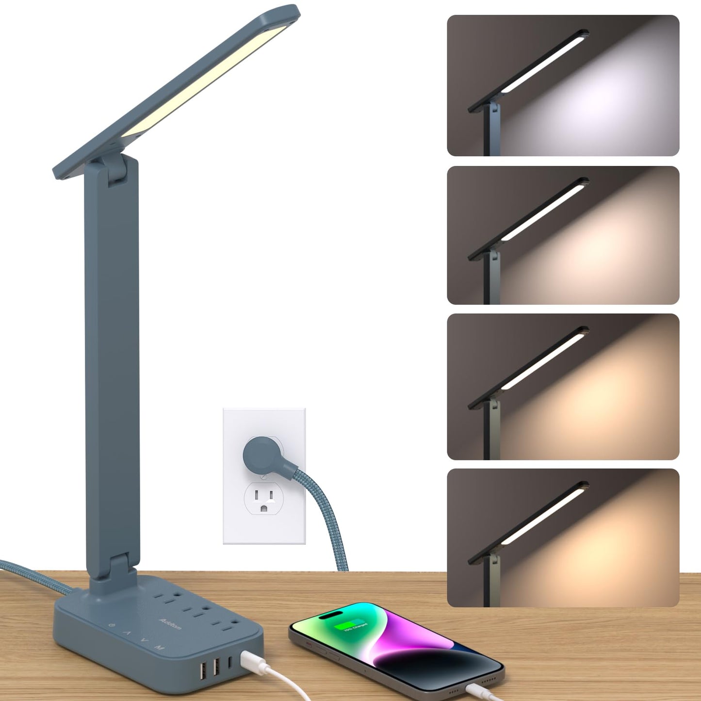 Addtam LED Desk Lamp, Power Strip with 3 Outlets 4 USB Charging Ports(2 USBC), 4 Modes 5 Level Brightness Touch Lamp, Small Desk Lamp for Home Office College Dorm Room Essentials