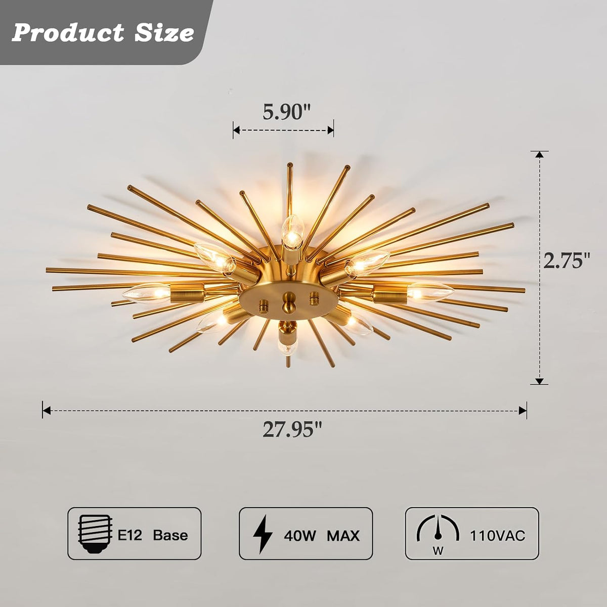 ZGLAOJT Semi Flush Mount 8 Light Ceiling Light Modern Metal Ceiling Lighting Gold Light Fixture Chandelier for Farmhouse Kitchen Dining Room Bedroom Hallway Living Room.