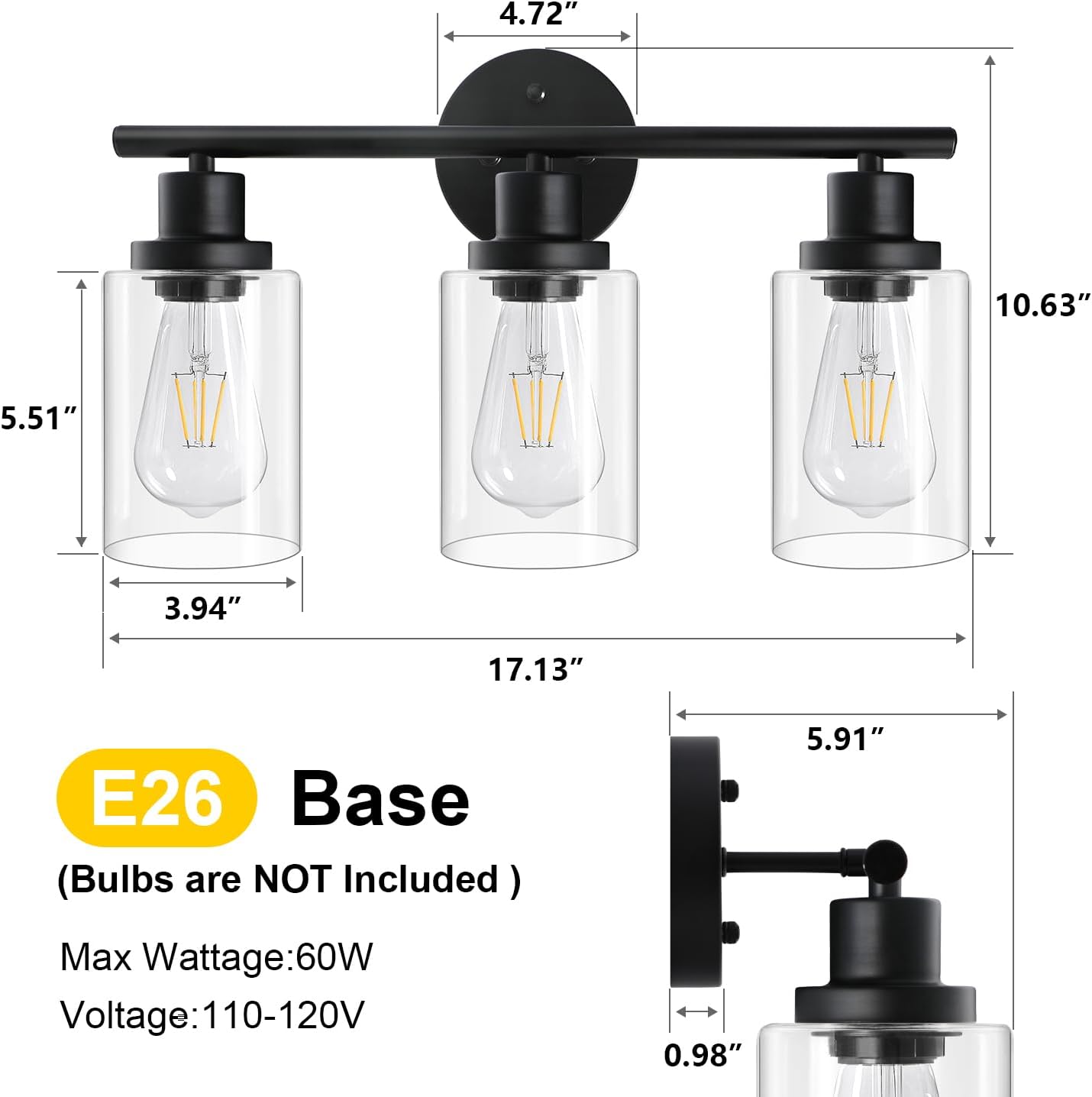 Modern Bathroom Light Fixtures, 3 Light Vanity Lights, Black Wall Lamp with Clear Glass for Bathroom, Mirror, Living Room, Bedroom, Hallway, E26 Base
