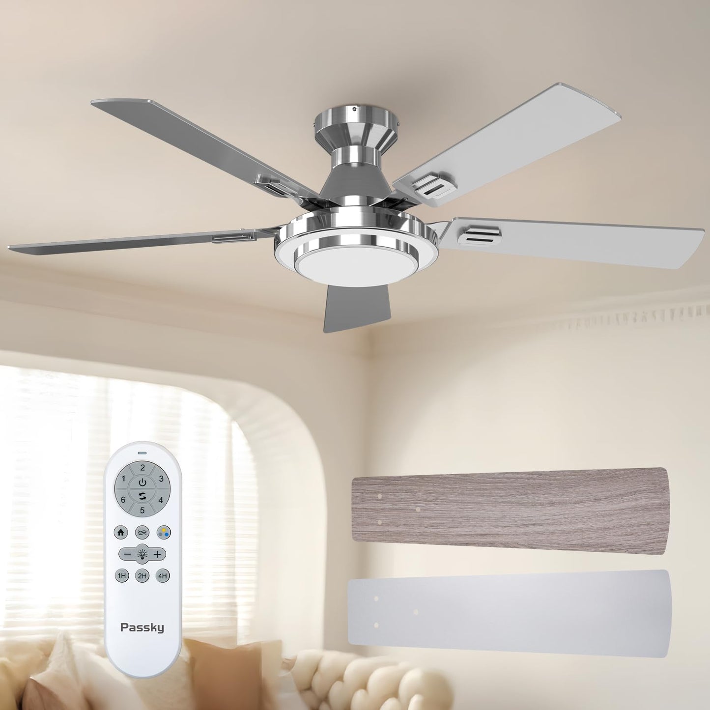Passky 52 Inch Black Low Profile Ceiling Fans with Lights and Remote | Flush mount, 3-color dimmable light, quiet reversible DC motor, easy install, memory, APP, bedroom, covered outdoor areas