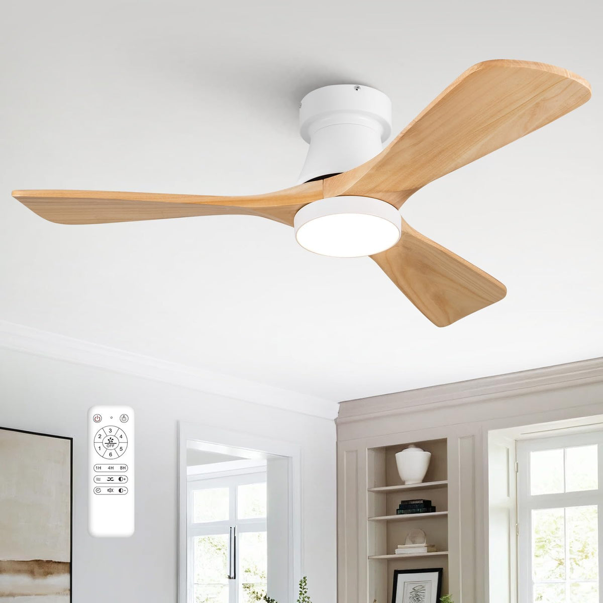 42-Inch Ceiling Fan with Lights, Remote Control, Flush Mount, Dimmable, Reversible, Wood Blades, Power-Off Memory, Quiet DC Motor – Modern Hugger Ceiling Fan for Living Room, Bedroom, Patio