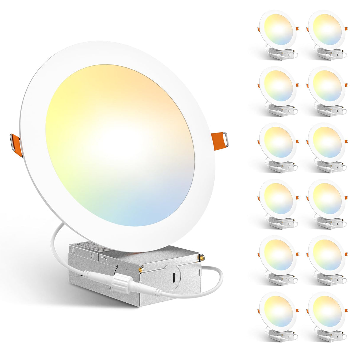 Amico 12 Pack 6 Inch LED Recessed Lighting, Canless Wafer Downlight, White | 5CCT 2700K-5000K, 5%-100% Dimmable, Ultra-thin, Metal housing, 1050LM 12W 120V, IC & Damp Rated, ETL & FCC, 50000h Life Span