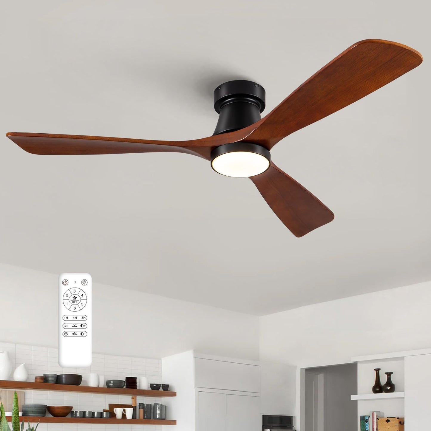 42-Inch Ceiling Fan with Lights, Remote Control, Flush Mount, Dimmable, Reversible, Wood Blades, Power-Off Memory, Quiet DC Motor – Modern Hugger Ceiling Fan for Living Room, Bedroom, Patio
