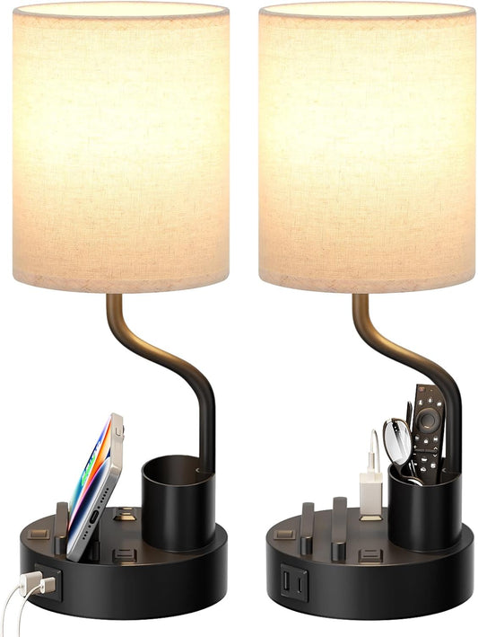 Bedside Lamps for Bedroom Set of 2 - Table Desk Lamp for Nightstand | 15" Table Lamp for Living Room with Pen Holder & Phone Stand, USB A+C Port, AC Outlet, 3 Color Temperature, LED Bulb Included