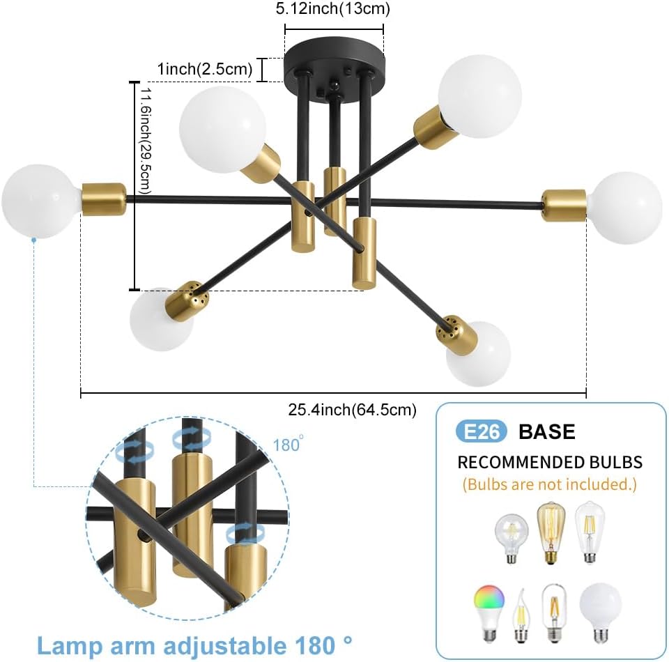 Modern Chandelier Ceiling Light Fixture, 6-Light Sputnik Dining Chandeliers | 31.18" Gold Chandelier Over Table, Mid Century Lights Fixture, Ideal for Dining Room Living Room Kitchen Island(No Lampshade)
