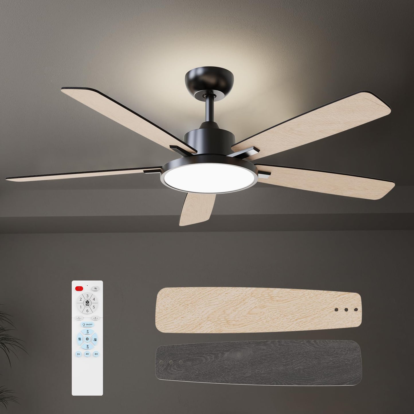 TALOYA 52 Inch Black Ceiling Fans with Lights Led Remote Control Flush Mount Low Profile for Bedroom Living Dining Room Outdoor Farmhouse Patio,Reversible,DC Motor,Diammable,Buzzer ON/Off,5 Blades