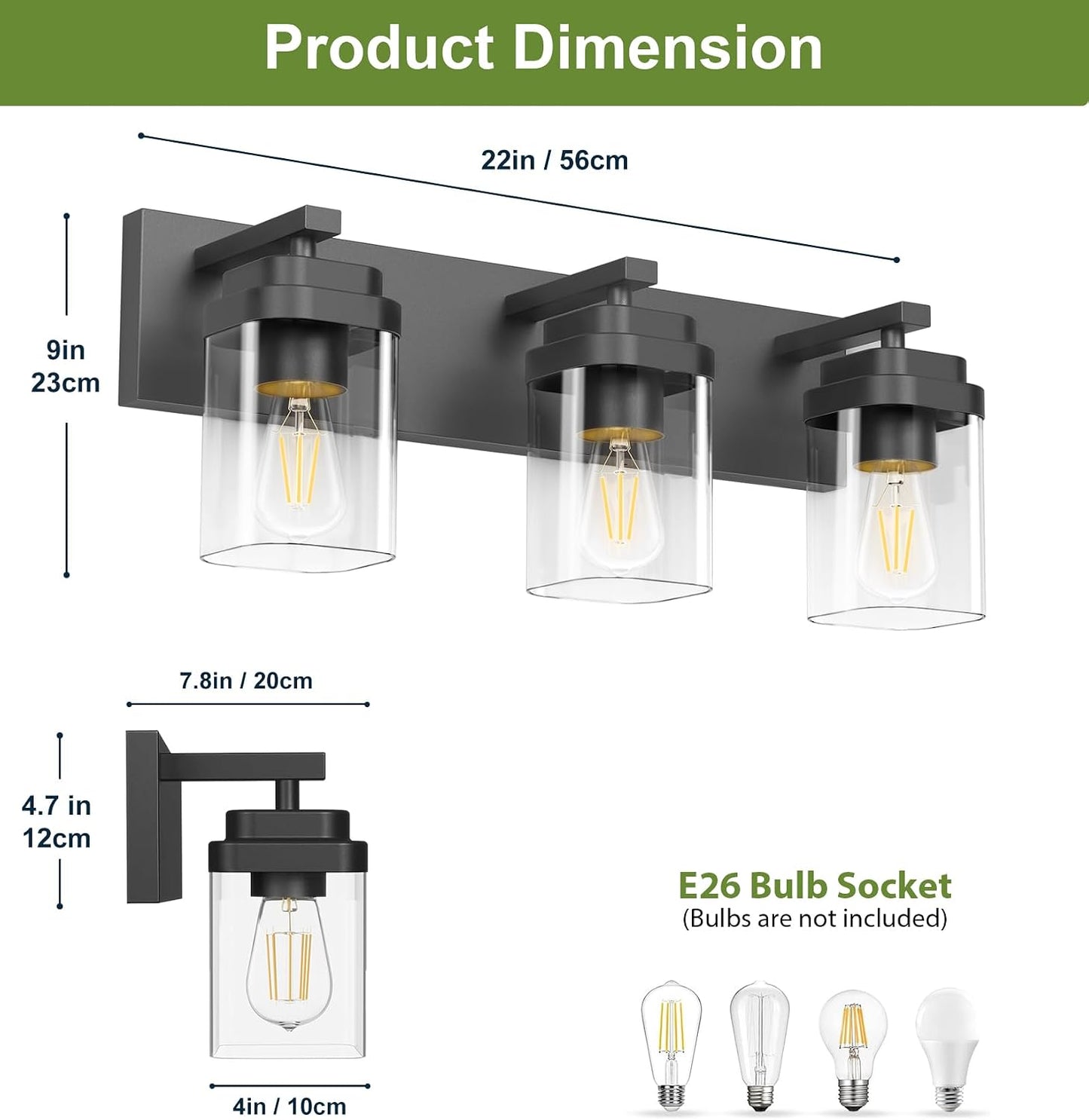 Black Bathroom Light Fixtures, 3 Lights Bathroom Lighting Fixtures Over Mirror, Square Design & Rectangle Large Backplate, Modern Vanity Lighting Fixtures, for Bathroom/Living Room/Bedroom