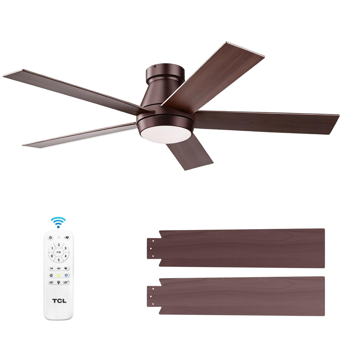 TCL 52" Black Flush Mount Ceiling Fan with Light & Remote | Low profile ceiling fan with quiet 6-speed reversible DC motor. Dimmable LED light. Ideal noiseless fan for bedroom