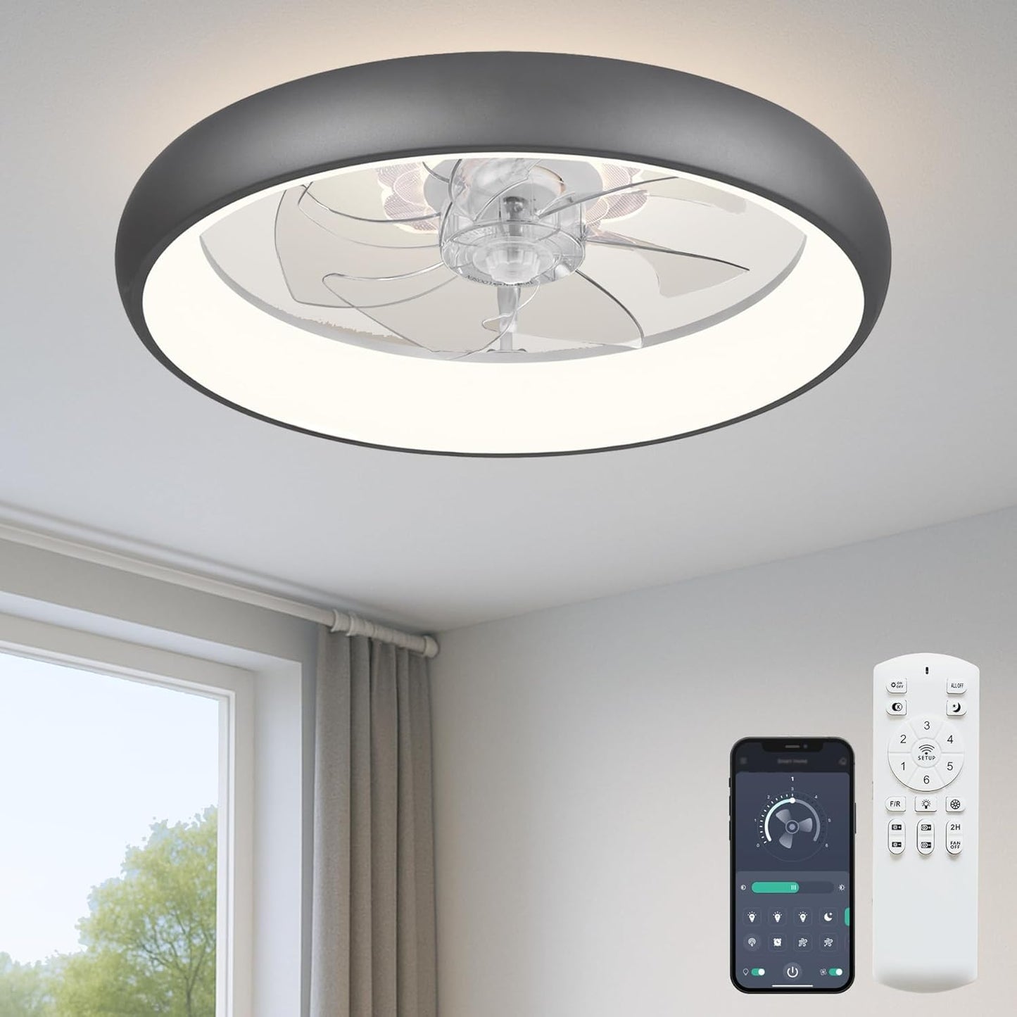 FSZDORJ 20'' Ceiling Fan with Light and Remote, Low Profile Ceiling Fan with Light, Dimmable Flush Mount Ceiling Fan Light, 6 Speeds Fan, App&Remote Control, Fandelier Quiet Fan for Bedroom F115 Black
