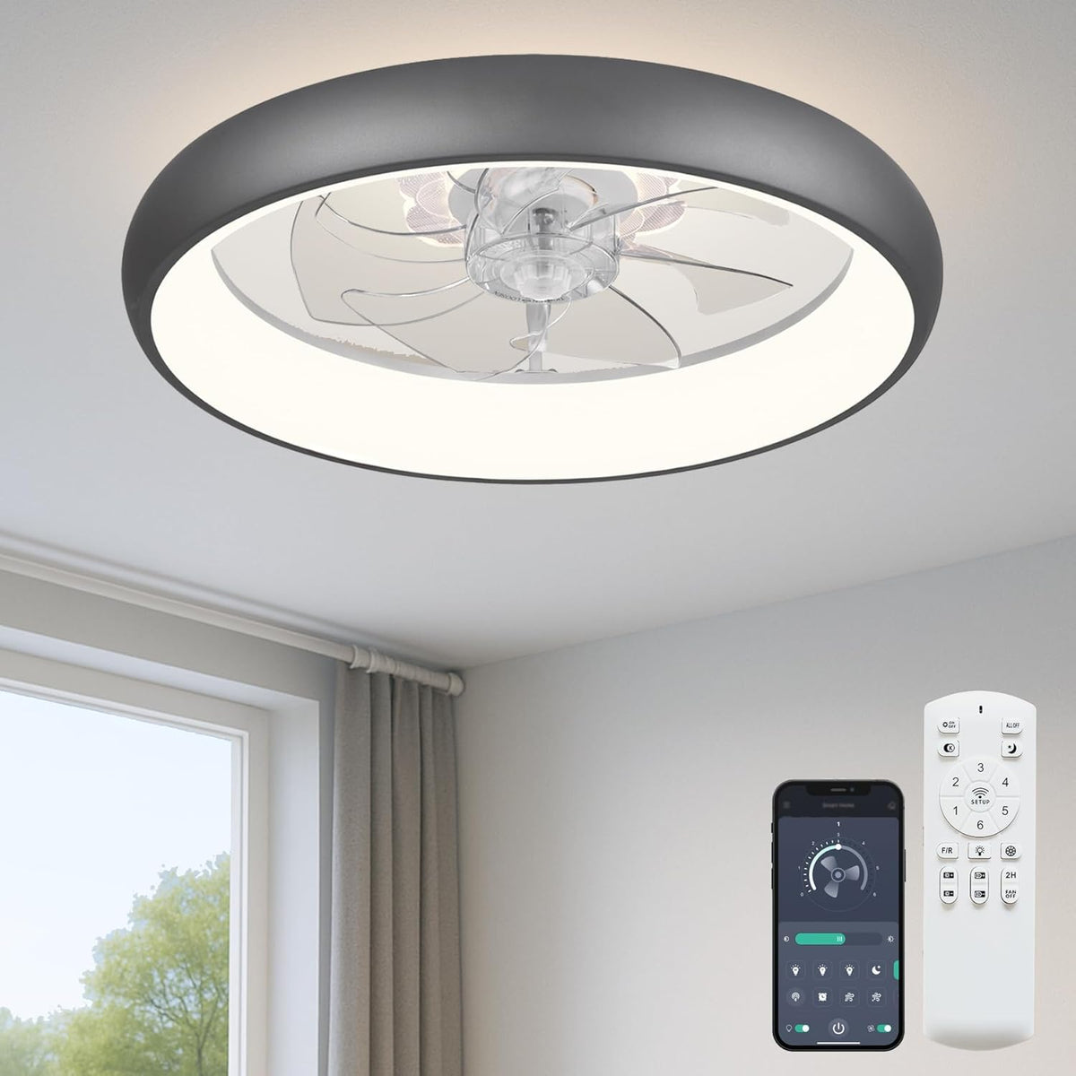 Fszdorj 20'' Ceiling Fan with Light and Remote,White Low Profile Fandelier | 3-Color Night Light, 3000-6500K Dimmable LED, Flush Mount, Remote & App, 6 Speeds & Reverse, Memory, Timer, Quiet Bedroom Fan