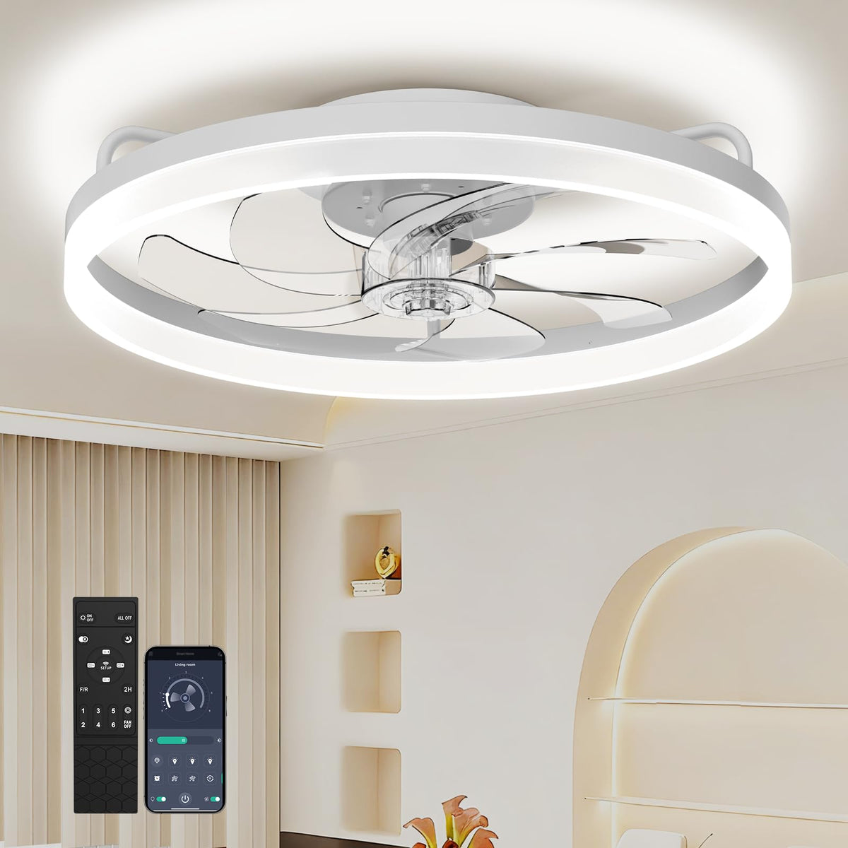 20 Inch Ceiling Fan Light with Lights and Remote, Easy Install Ceiling Fans | Low Profile Flush Mount Ceiling Fans with Light, 3CCT Dimmable Smart Ceiling Fan Lights for Bedroom