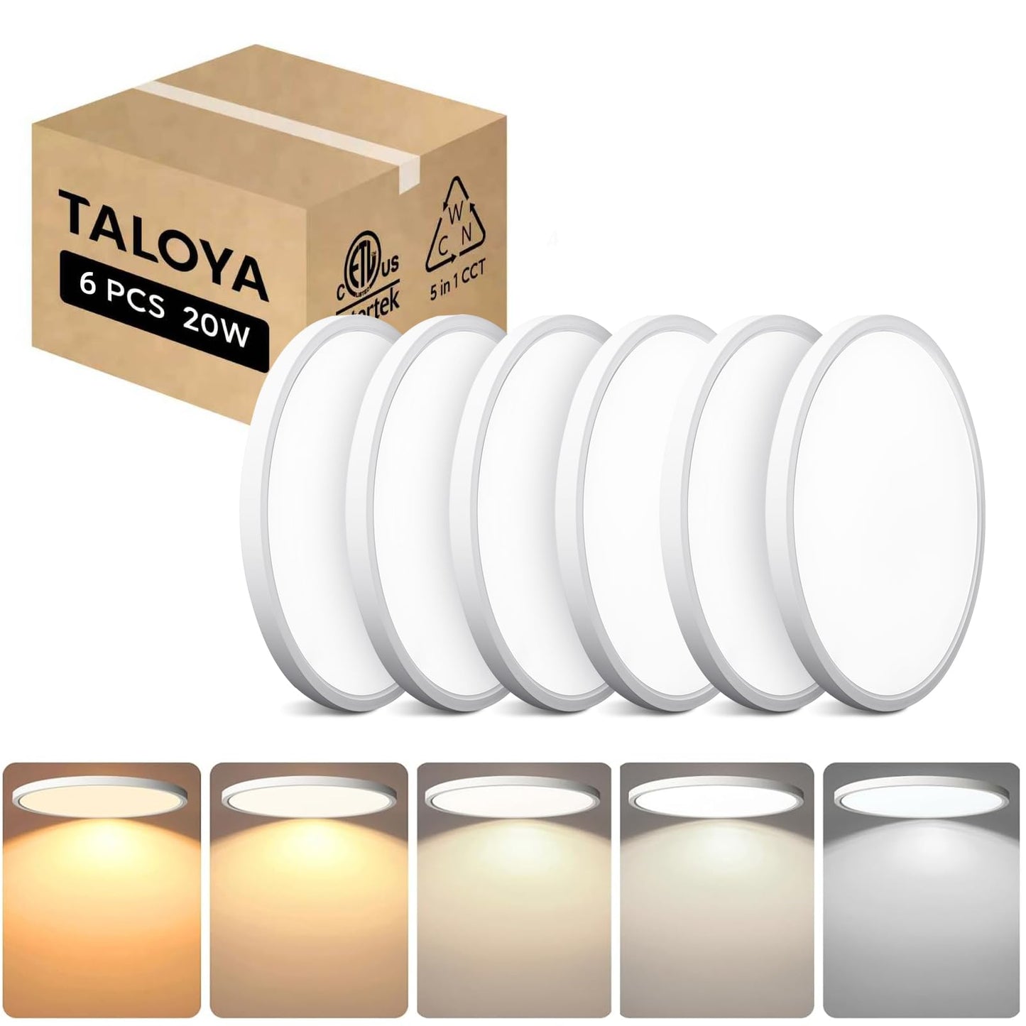 TALOYA 2 Pack 12 Inch LED Flush Mount Ceiling Light Fixture,20W 5CCT | Edge-Lit LED Ceiling Light Fixture for Bedroom,Kitchen,Laundry,Basement,Closet Room,3000K-6500K,100-240V Compatible,White
