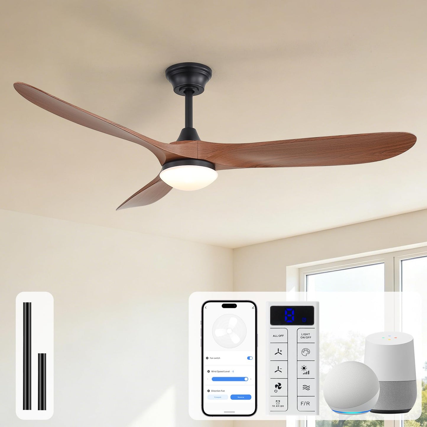 Sofucor 52 Inch Wood Ceiling Fans with Lights and Remote, Indoor/Outdoor | Modern, 3 Blade, Quiet Reversible DC Motor, 3CCT Dimmable, 6 Speeds, Timer, Bedroom/Living Room/Patio/Kitchen, Natural Wood
