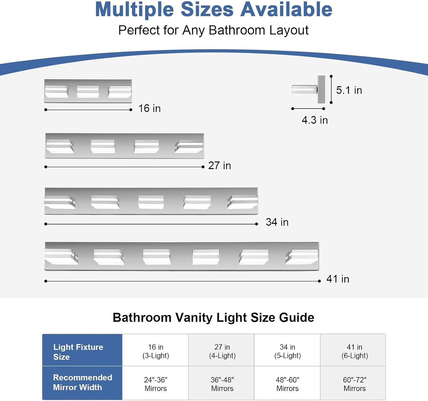 Modern LED Stainless Steel Chrome Acrylic Bathroom Lights Fixtures 3-Light | Wall Lighting,Vanity Lights for Bathroom Over Mirror 6000K 350°Rotate（No Assembly Required）