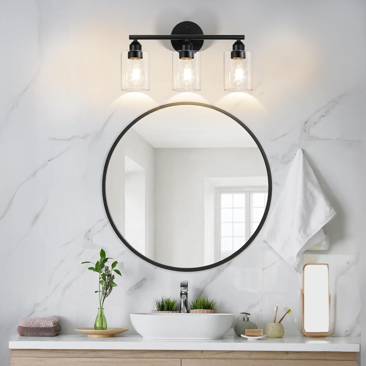 3-Light Black Modern Bathroom Vanity Light Fixtures, 17.3" | Glass Shade, For Bathroom Mirror, Kitchen, Living Room, Bath, Metal