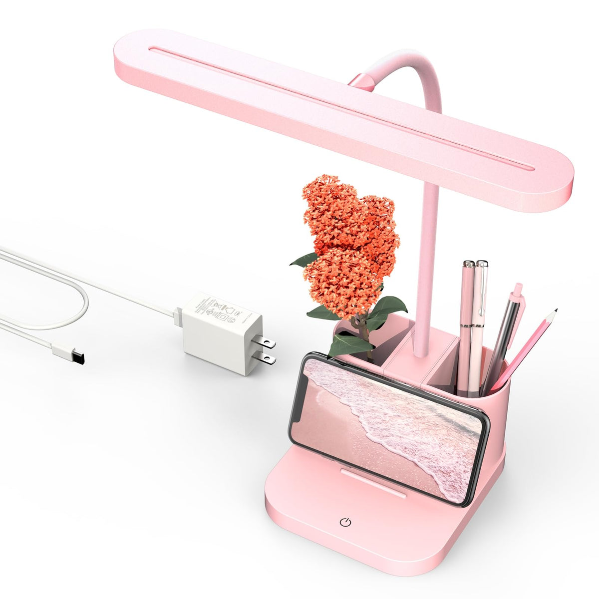 Pink Desk Lamp for Teen Girls, College Dorm Room Cute Table Light | Home Office Bedroom Essentials, Kawaii, Dimmable LED, Flexible Gooseneck, Pen Holder, Touch Control, for Kids Adults