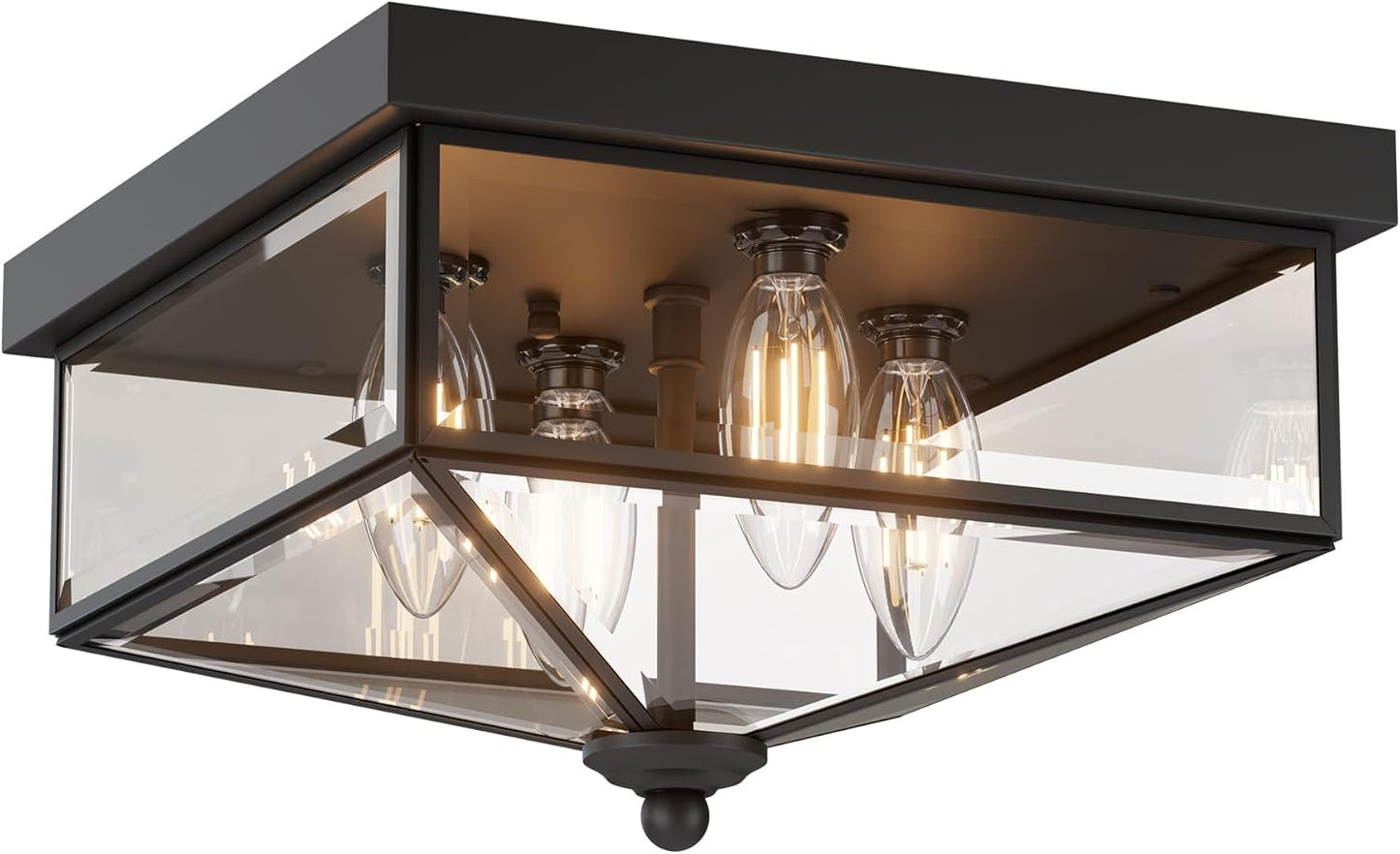 Farmhouse Style Square Flush Mount Ceiling Light, 4-Light Modern. | Ceiling Light Fixture with Clear Glass, Black Close-to-Ceiling for Kitchen Hallway Balcony Porch Stairway, E12 Base