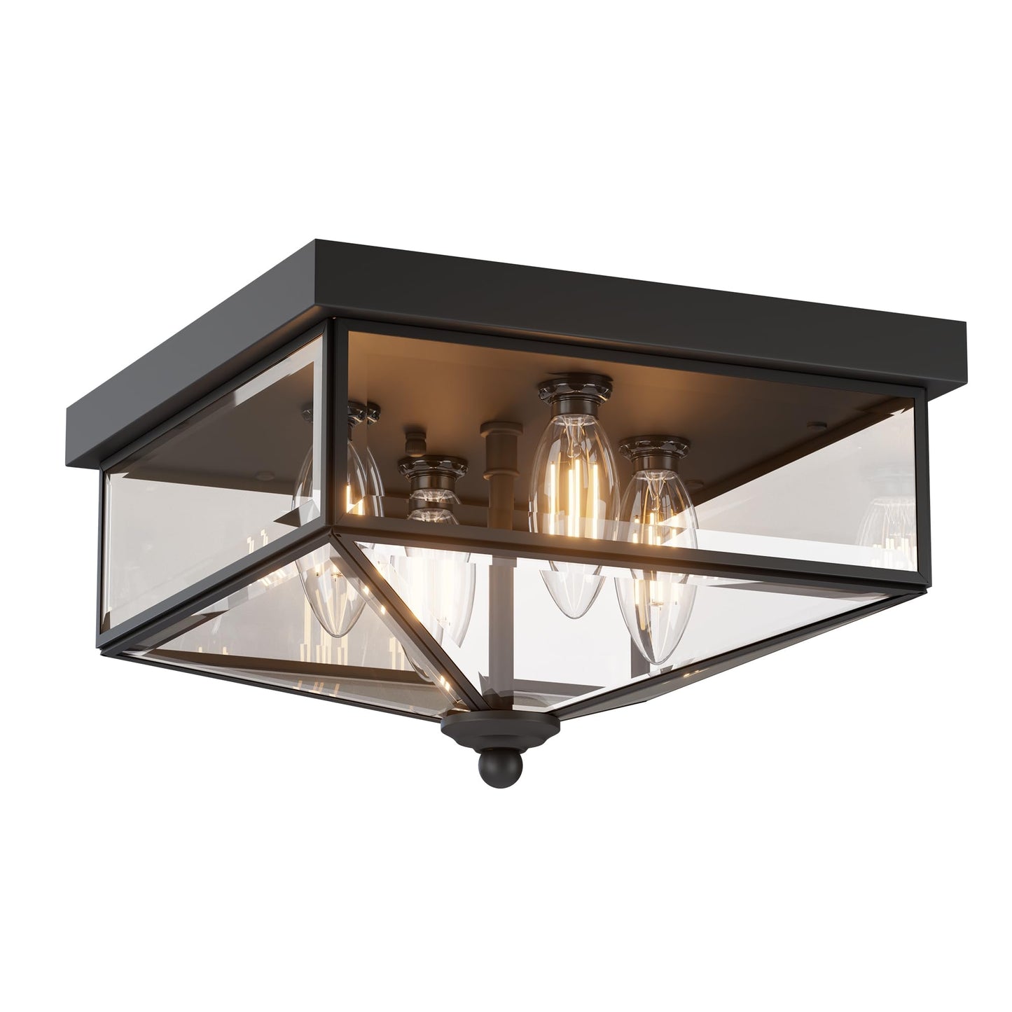 Farmhouse Style Square Flush Mount Ceiling Light, 4-Light Modern. | Ceiling Light Fixture with Clear Glass, Black Close-to-Ceiling for Kitchen Hallway Balcony Porch Stairway, E12 Base