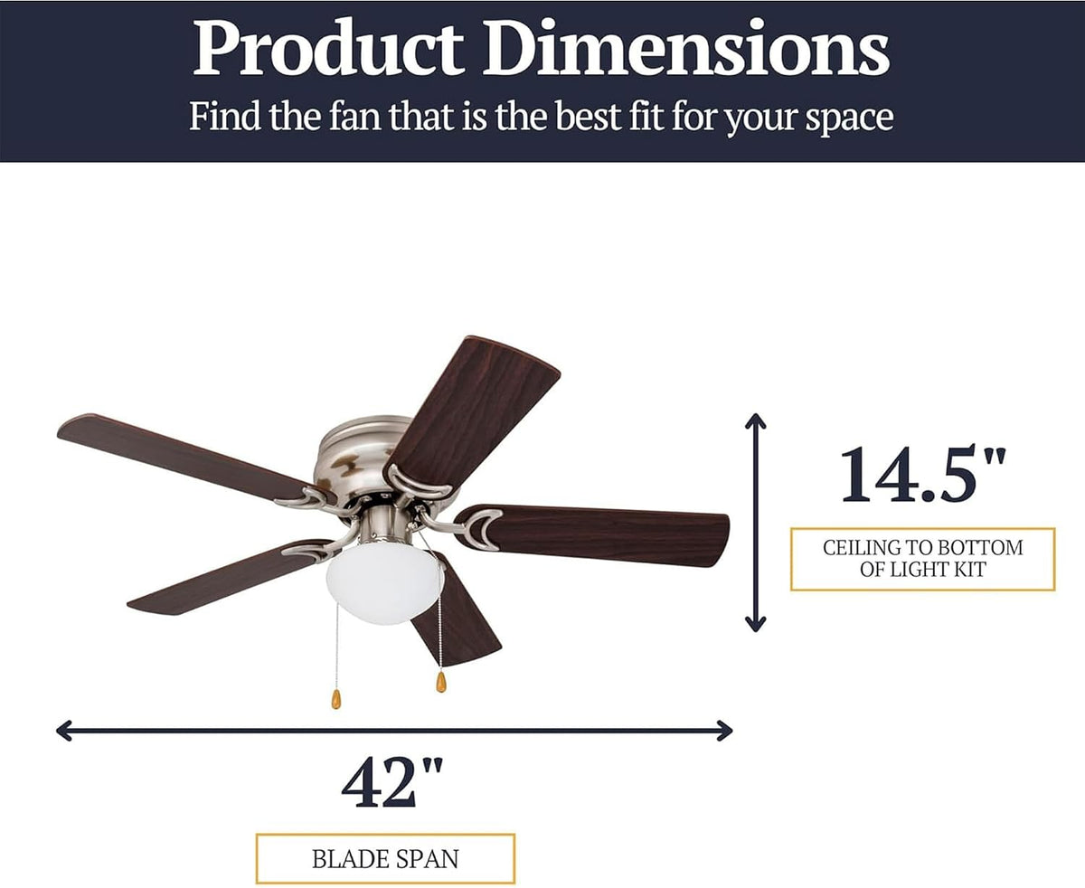 Prominence Home Alvina 42 Inch Traditional Flush Mount Ceiling Fan with Light, Pull Chain, Dual Finish Blades, Reversible Motor, Brushed Nickel