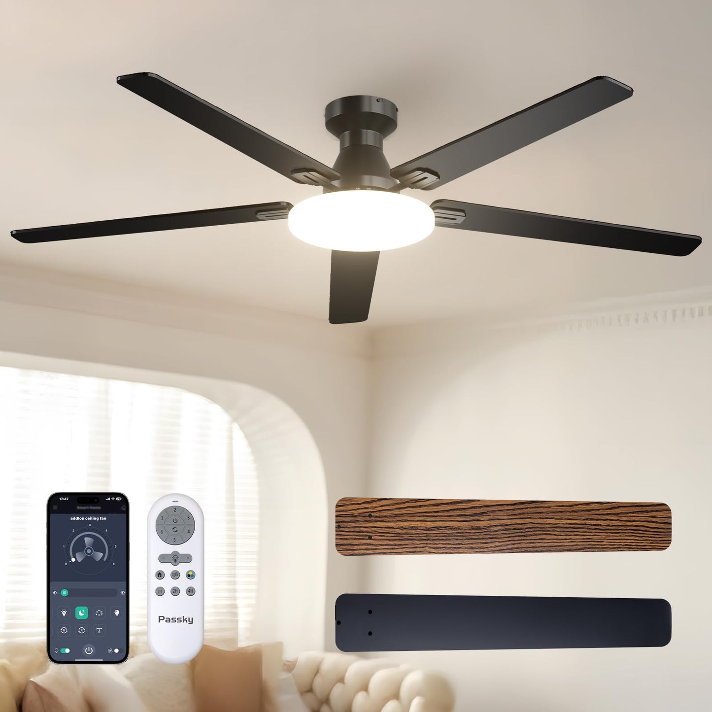 Passky 52 Inch Black Low Profile Ceiling Fans with Lights and Remote | Flush mount, 3-color dimmable light, quiet reversible DC motor, easy install, memory, APP, bedroom, covered outdoor areas