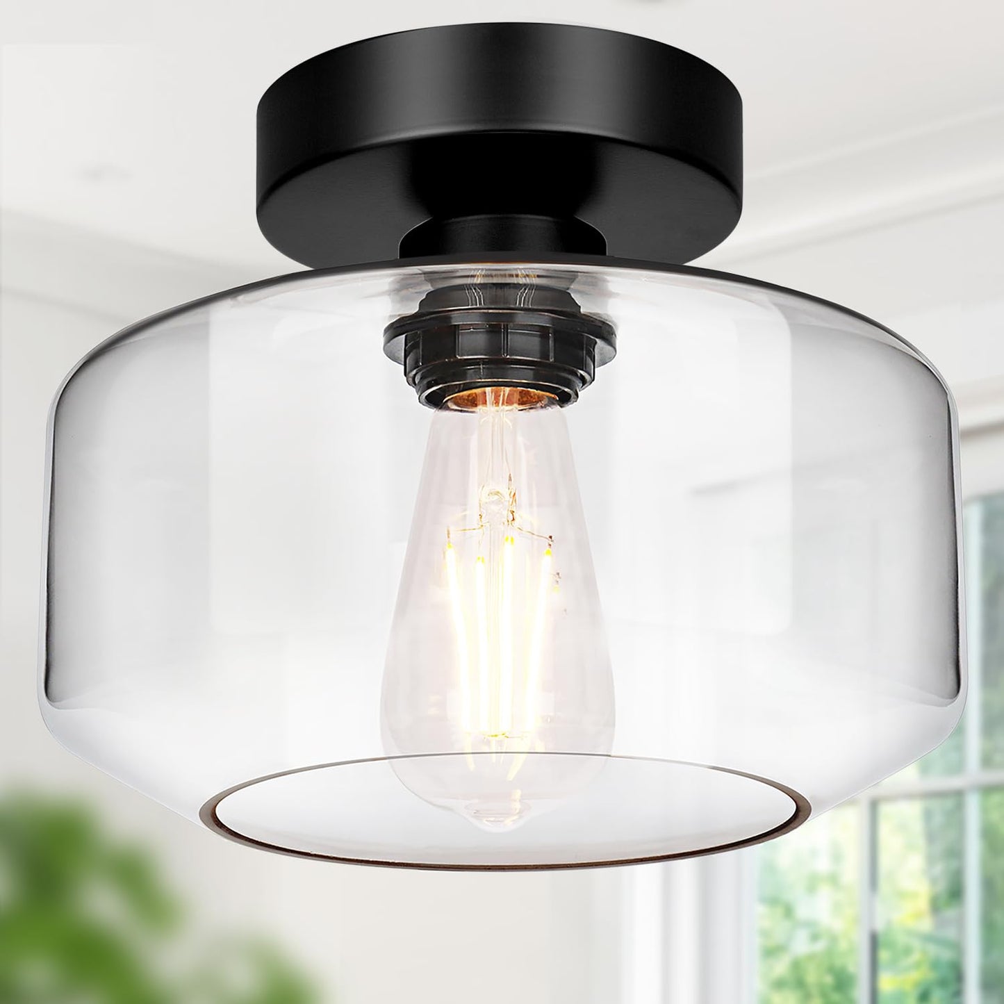 Industrial Semi Flush Mount Ceiling Light, 800 Lumen LED Bulb Included, Seeded Glass Shade Farmhouse Light Fixture for Hallway Corridor Kitchen Bathroom Bedroom Passway