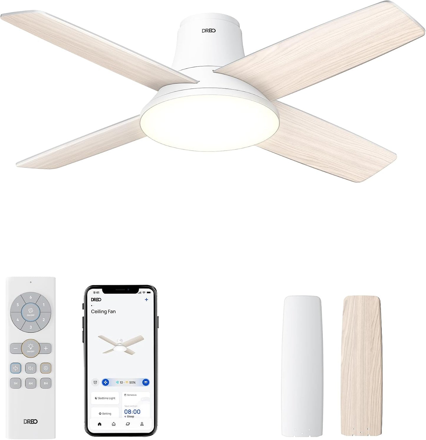 DREO Ceiling Fans with Lights 44'', Flush Mount Smart Ceiling Fan, Remote
