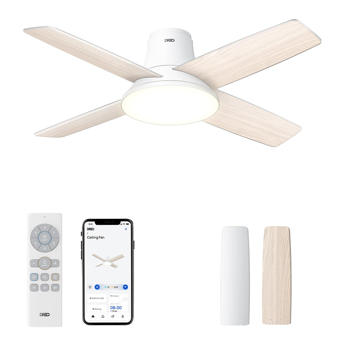 DREO Ceiling Fans with Lights 44'', Flush Mount Smart Ceiling Fan, Remote
